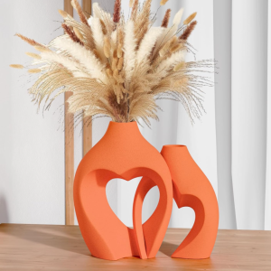Heart-Shaped Hollow-Out Orange Ceramic Vase Set (Two Pieces)